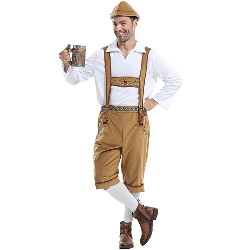 Bayerisches Herren-Kostüm mit Lederhose, Hosenträgern und Hut, einfarbig