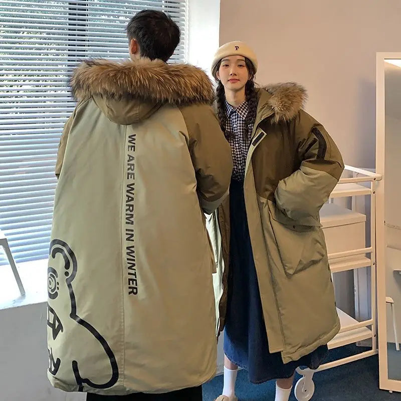 Doudoune longue unisexe bicolore kaki et beige avec capuche à fausse fourrure