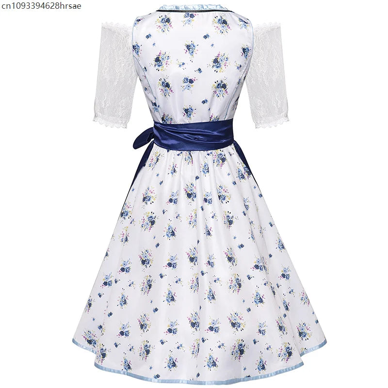 Robe Dirndl Traditionnelle Femme Bleu Blanc Fleurie avec Tablier et Chemisier
