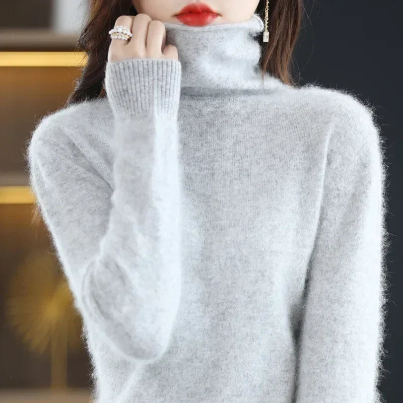 Pull col roulé femme en tricot doux, manches longues uni