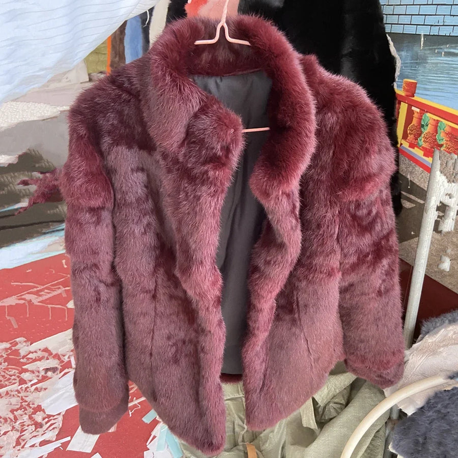 Veste courte femme en fourrure synthétique élégante, col montant, manches longues