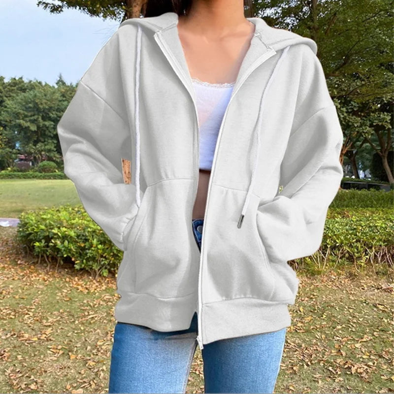 Ledig oversized sweatshirtjacka med dragkedja och huva för kvinnor, med fickor