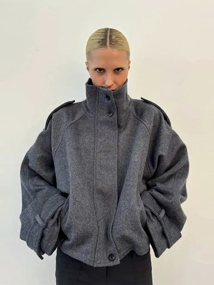 Veste courte ample à col montant pour femme, gris foncé, coupe oversize