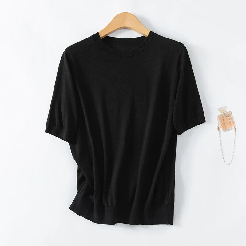 T-shirt casual da donna in maglia a maniche corte con collo rotondo e tinta unita