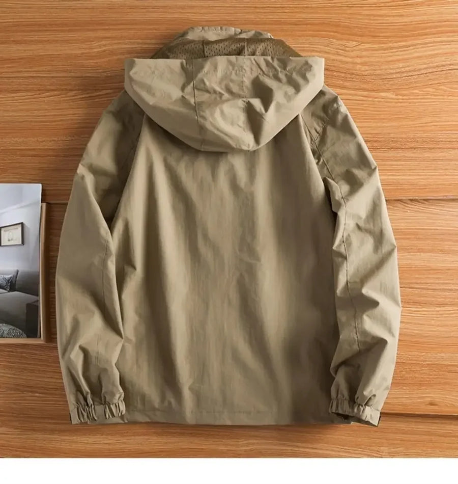Giacca da uomo con cappuccio rimovibile, fodera in pile, chiusura con zip, beige kaki