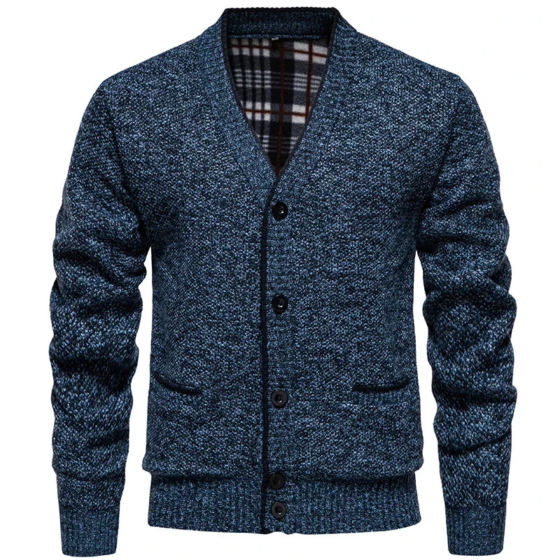 Cardigan for menn i melert strikk med V-hals og knapper, klassisk passform