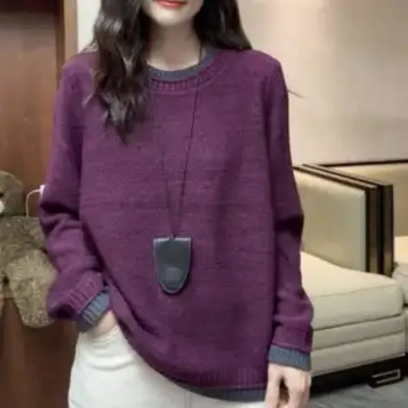 Jersey informal de punto bicolor con cuello redondo para mujer