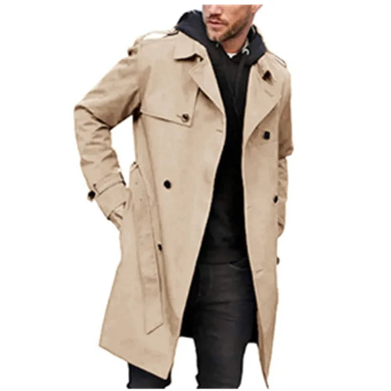 Trench-coat lungo da uomo doppiopetto con cintura beige