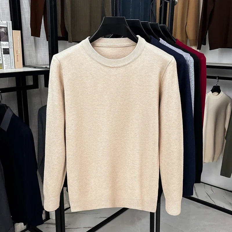 Jersey de hombre de cuello redondo, punto fino, beige jaspeado y mangas largas