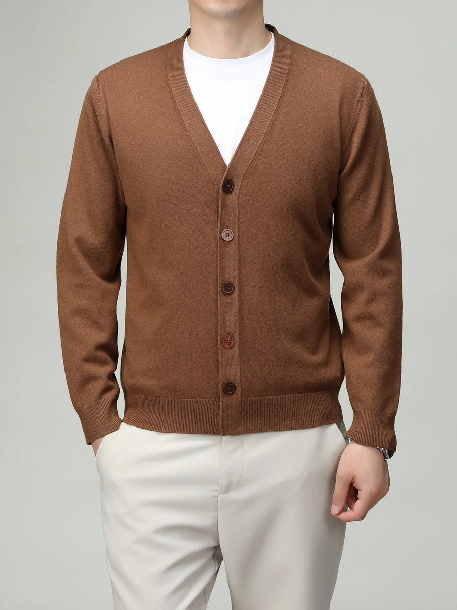 Chaleco cardigan ligero de color liso para hombre con cuello de pico, botones y mangas largas