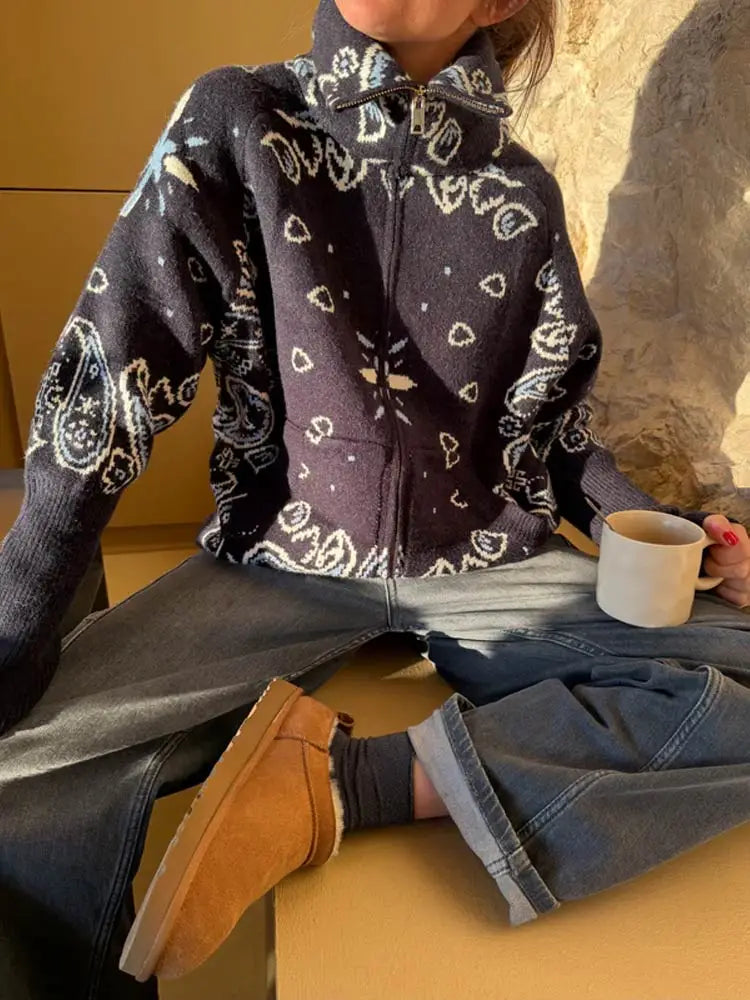 Women's Bandana-Print Zip-Up Jacket with a Stand Collar