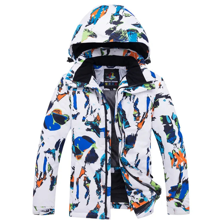 Veste de ski imperméable multicolore à capuche et motif abstrait pour sports d'hiver