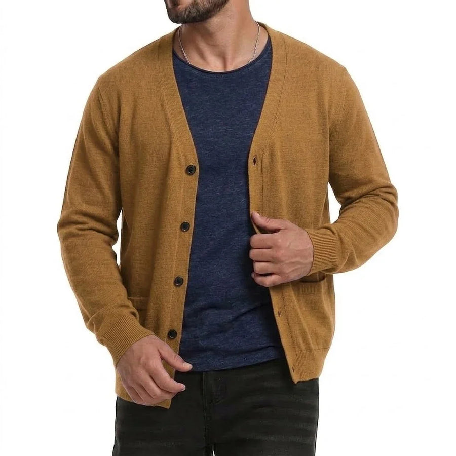Cardigan da uomo con scollo a V, bottoni, lavorazione a maglia tinta unita, maniche lunghe e tasche