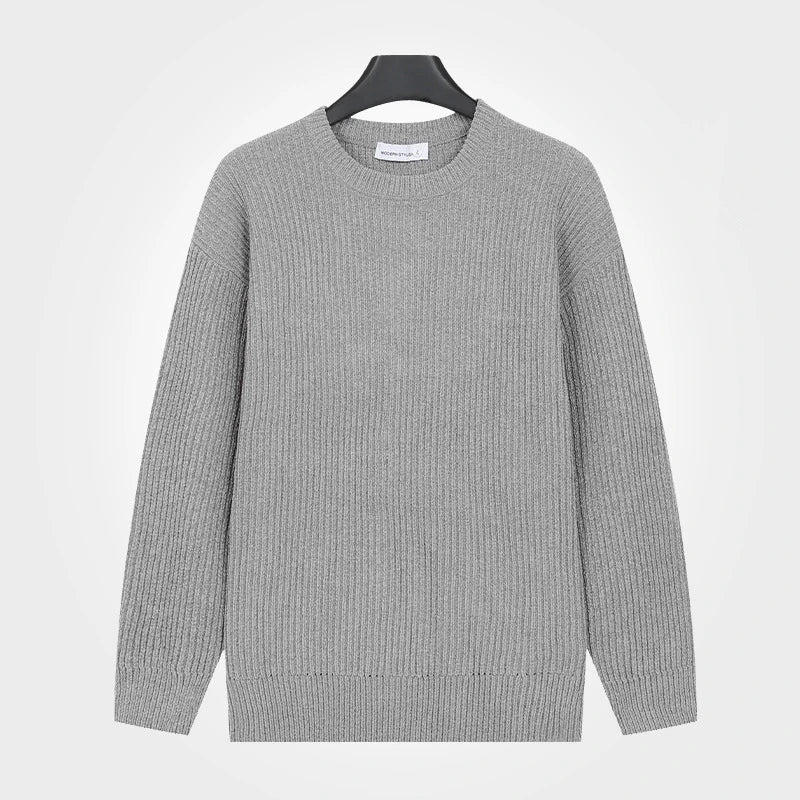 Pull homme côtelé col rond décontracté blanc cassé