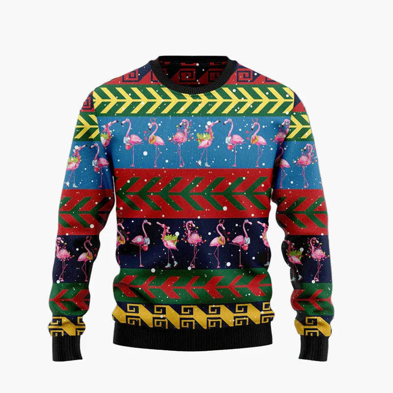 Unisex fantasijultröja i "Ugly Christmas Sweater"-stil med flamingos och humoristiskt budskap