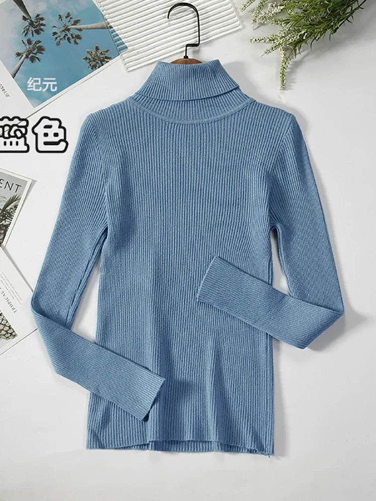 Damen-Rollkragenpullover aus Rippstrick mit langen Ärmeln, einfarbig