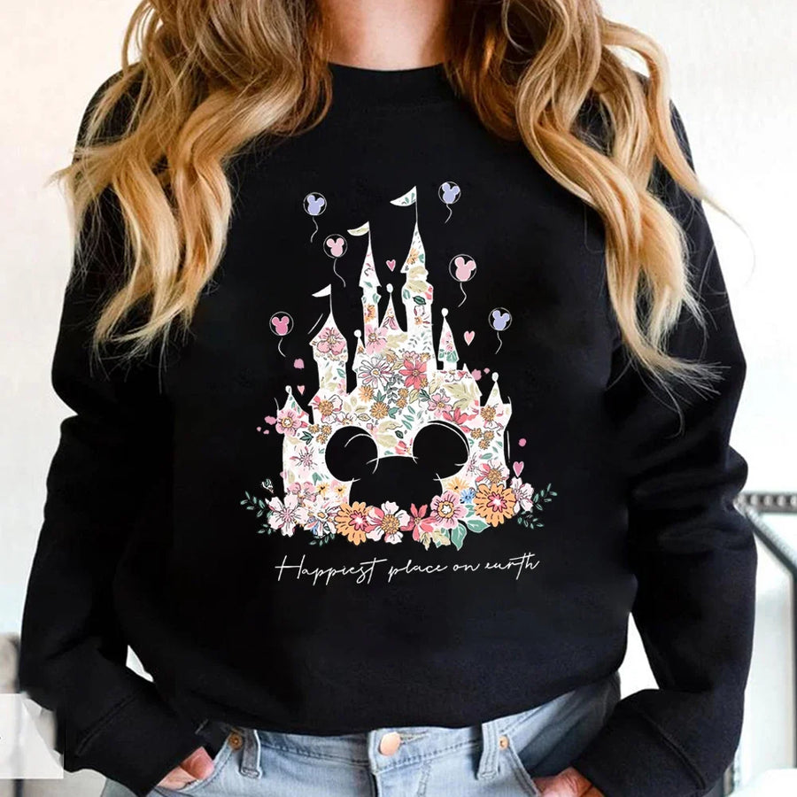 Sudadera de mujer de cuello redondo con estampado floral del castillo «Happiest Place», blanca