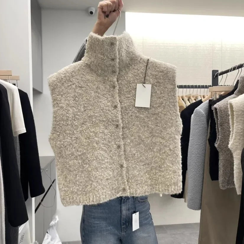 Damesvest zonder mouwen met structuur en opstaande kraag - beige, curry of wit