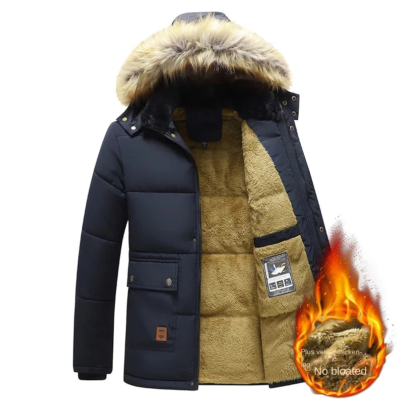 Warm Black Men's Winter Coat with Faux Fur-Trimmed Hood and Thick Lining
