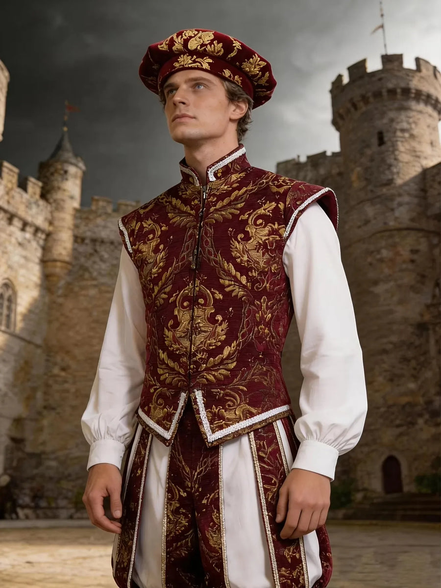 Costume storico da uomo bordeaux e oro con motivo broccato, gilet senza maniche, calzoni e basco