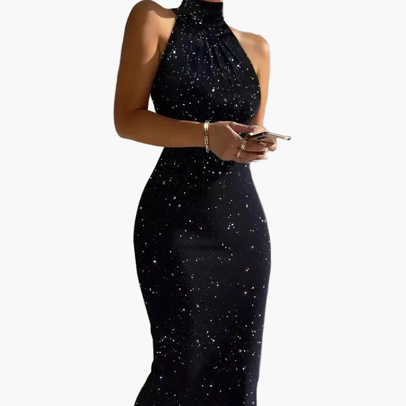 Elegancka damska sukienka bez rękawów, styl galaktyka, na wieczór i koktajl
