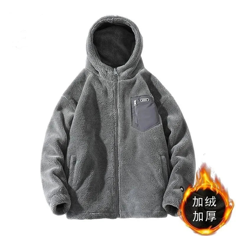 Tyk fleecejakke til mænd med hætte - grå eller beige, varm og med lynlås samt brystlomme
