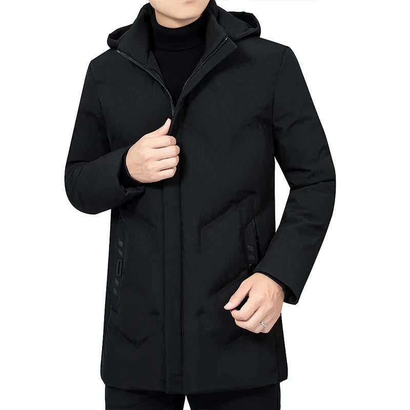 Cappotto lungo da uomo con cappuccio e chiusura a cerniera, nero