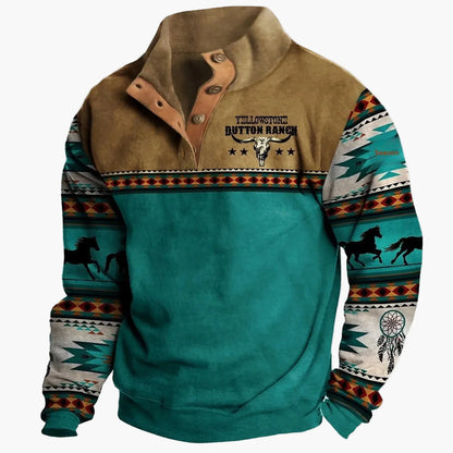Maglione Uomo Stile Western Vintage con Stampa Etnica e Collo Alto – Casual e alla Moda