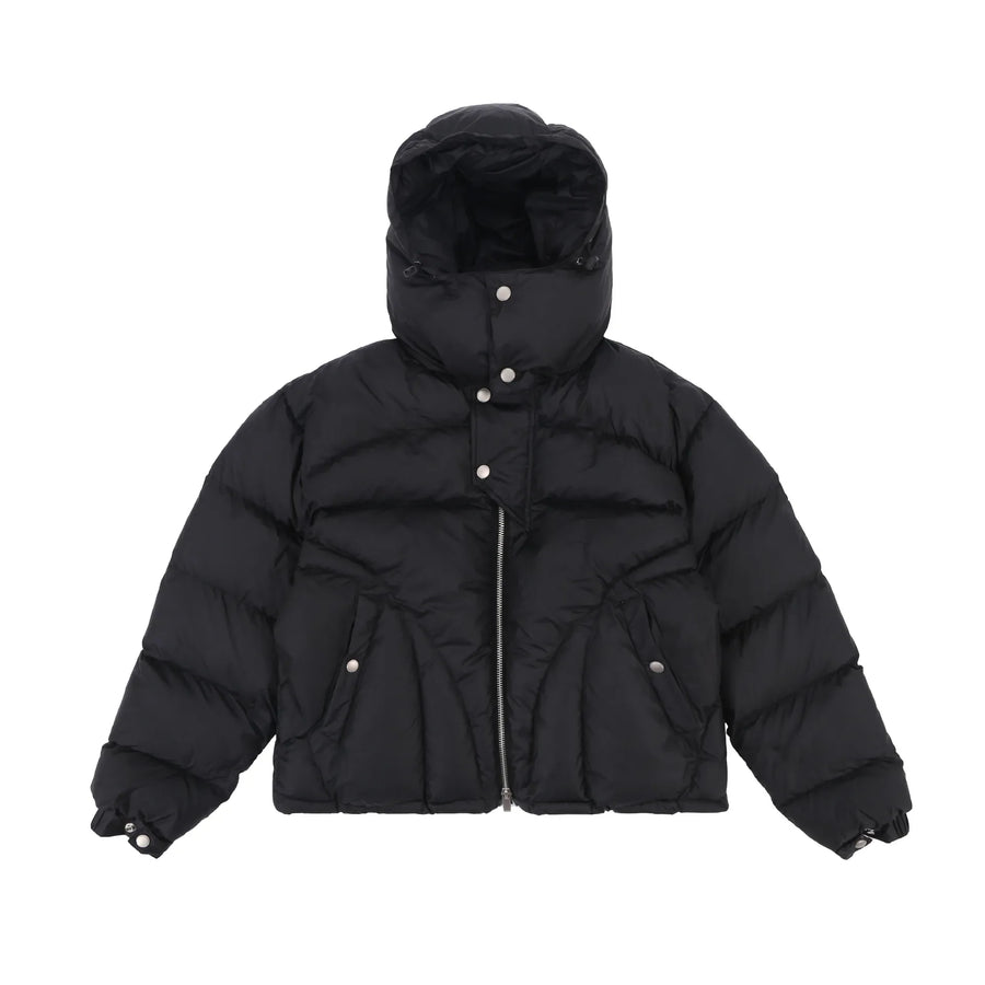 Men's short hooded quilted puffer jacket - Loose fit, zip and snap-button closure