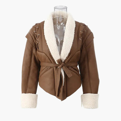 Chaqueta de invierno para mujer estilo aviador con cuello chal y cinturón – Elegancia casual para tiempo frío