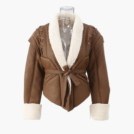 Chaqueta de invierno para mujer estilo aviador con cuello chal y cinturón – Elegancia casual para tiempo frío