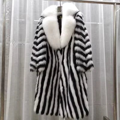 Manteau long pour femme en fausse fourrure à motif chevrons et col large