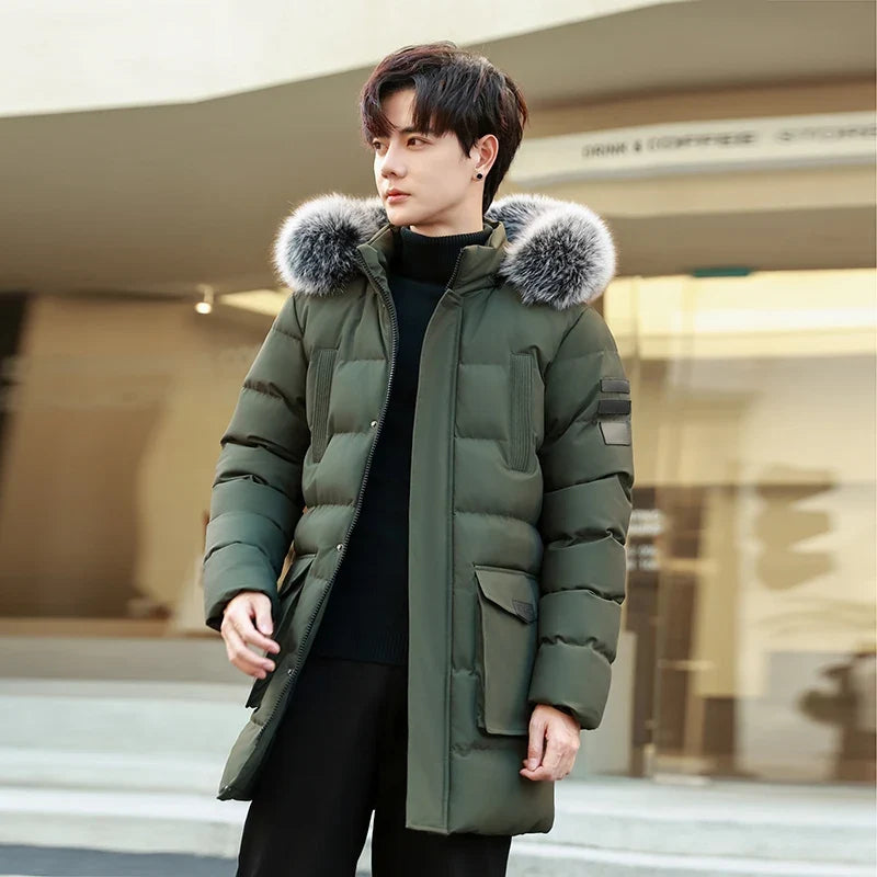 Men's Long Hooded Puffer Jacket with Removable Fur Trim, Casual Style