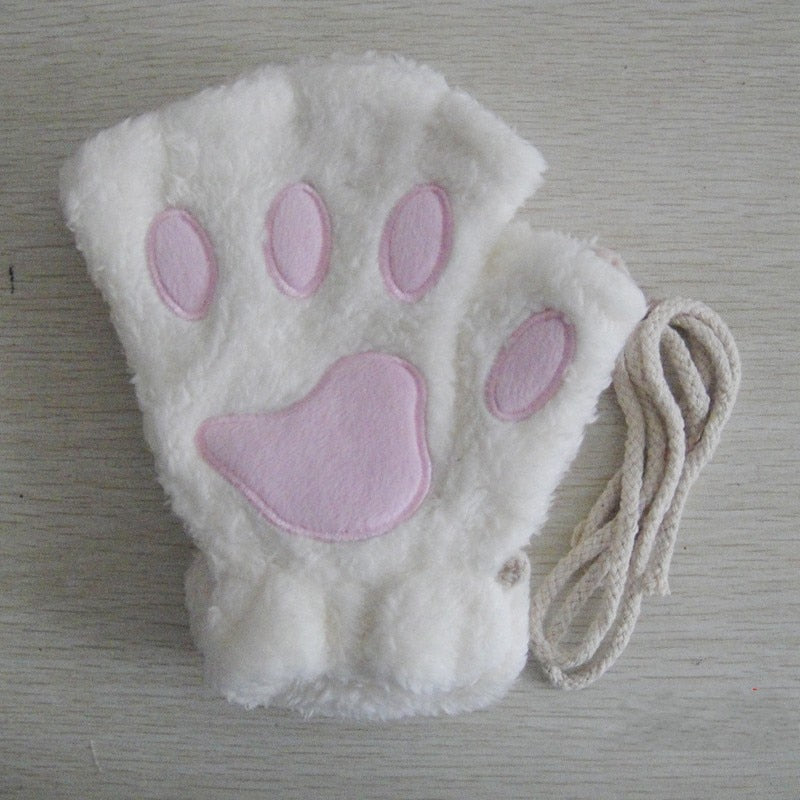 Bright pink plush animal-paw mittens with drawstring