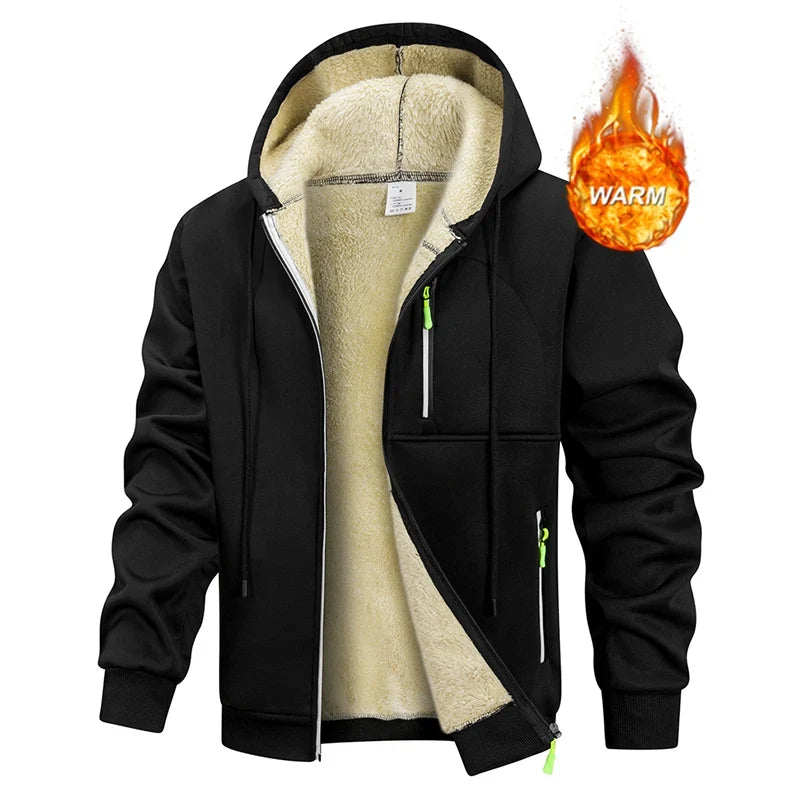 Men's thick, warm black fleece-lined zip-up hoodie