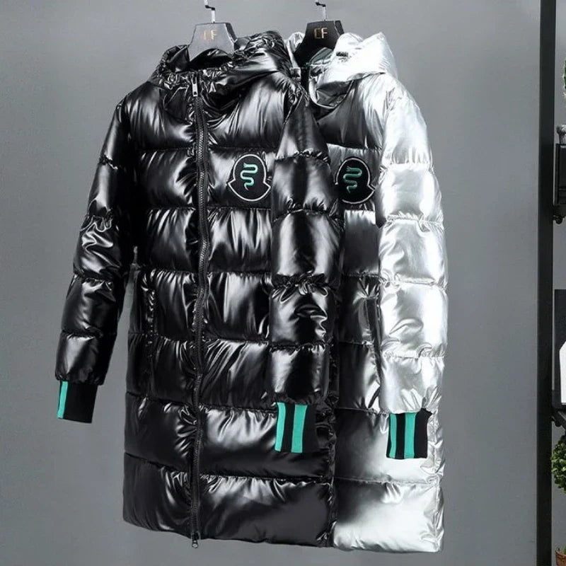 Cappotto piumino lungo con cappuccio, nero lucido, da uomo
