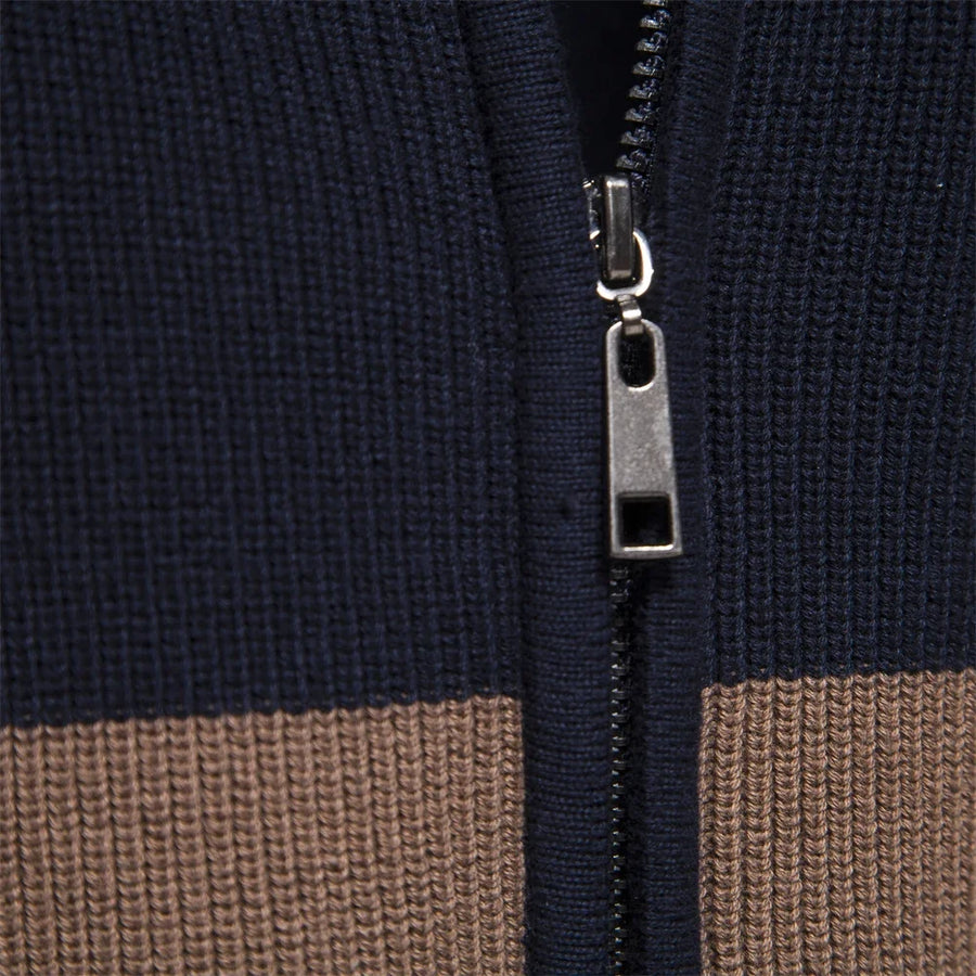 Tricot vest met rits, opstaande kraag en driekleurig ontwerp voor heren