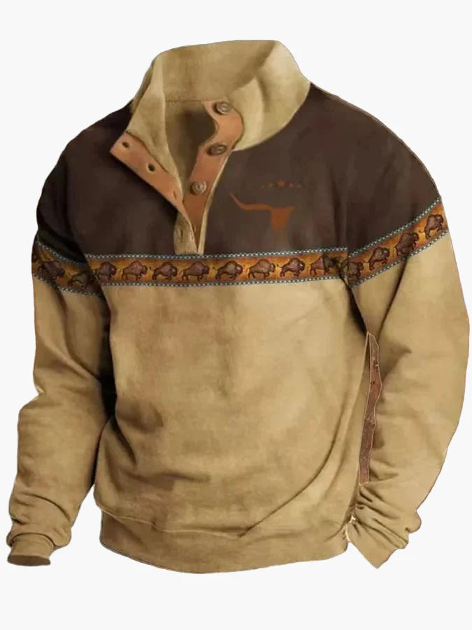 Maglione Uomo Stile Western Vintage con Stampa Etnica e Collo Alto – Casual e alla Moda