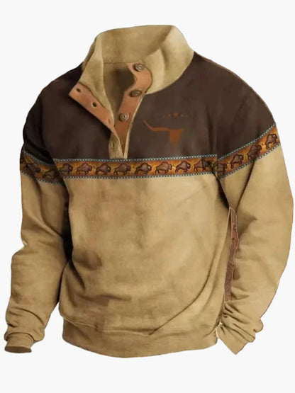 Maglione Uomo Stile Western Vintage con Stampa Etnica e Collo Alto – Casual e alla Moda