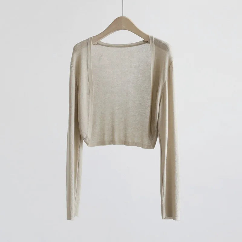 Gilet bolero corto da donna, leggero, tinta unita, aperto, a maniche lunghe