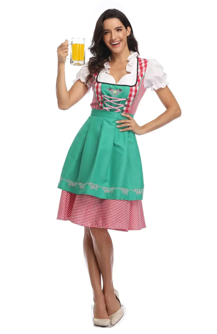 Traditionel dirndl-kjole med ternet mønster, korset og forklæde til kvinder