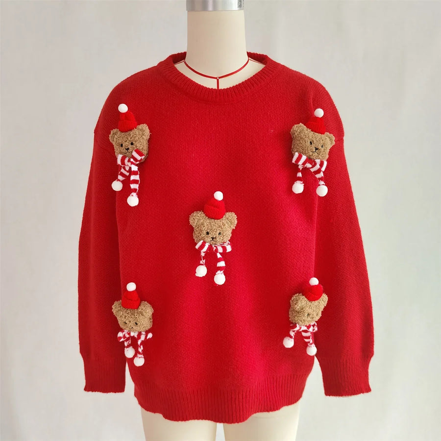 Rød julesweater med 3D-bamser