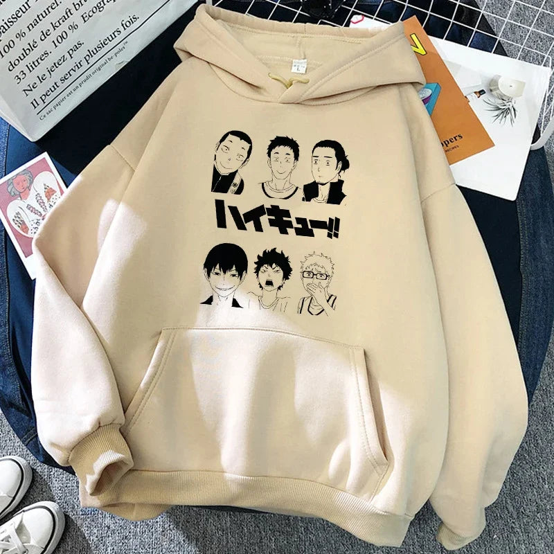 Unisex hettegenser med Haikyuu-grafikktrykk, avslappet stil