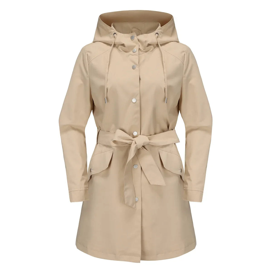 Imperméable Femme à Capuche Ceinturé Boutons Manches Longues