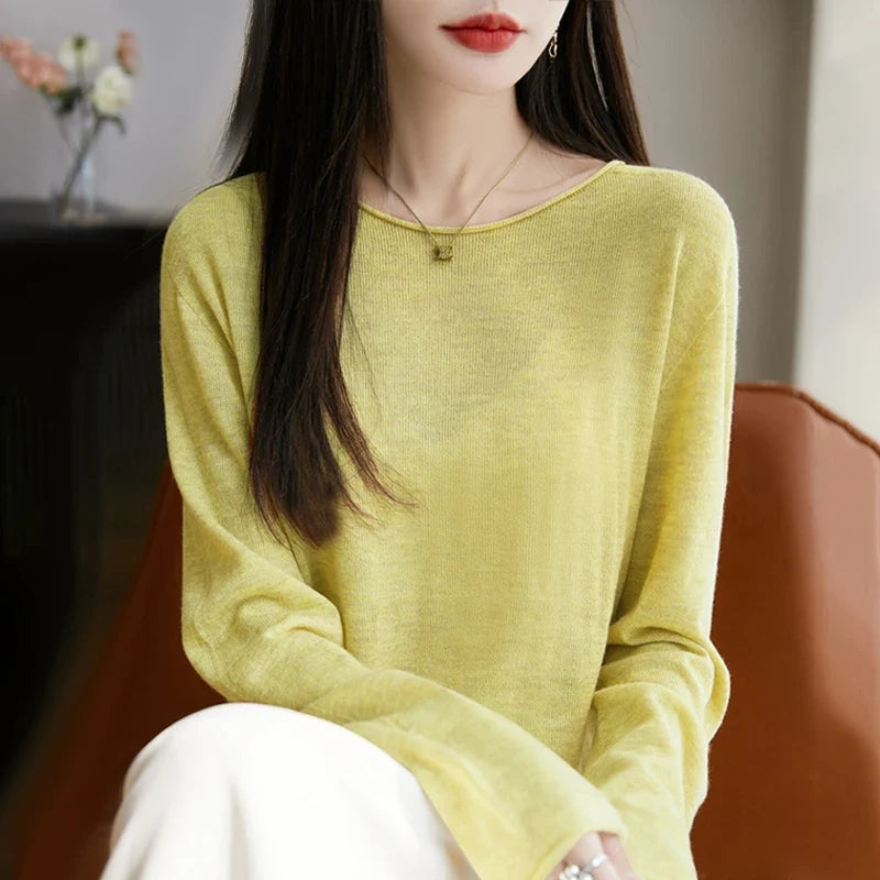 Suéter fino informal de mujer, de manga larga, cuello redondo y color liso