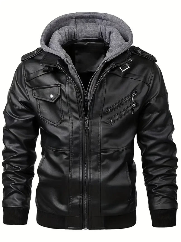 Veste Homme Imitation Cuir à Capuche Détachable Blouson Moto Noir Gris