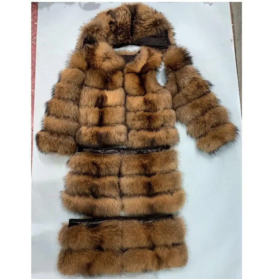 Manteau long à capuche aspect fourrure marron clair et foncé