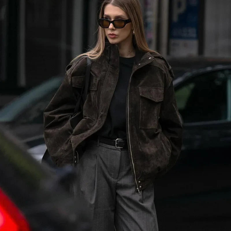 Blouson aviateur femme col montant suédine à poches Dark Blue, Kaki, Gris