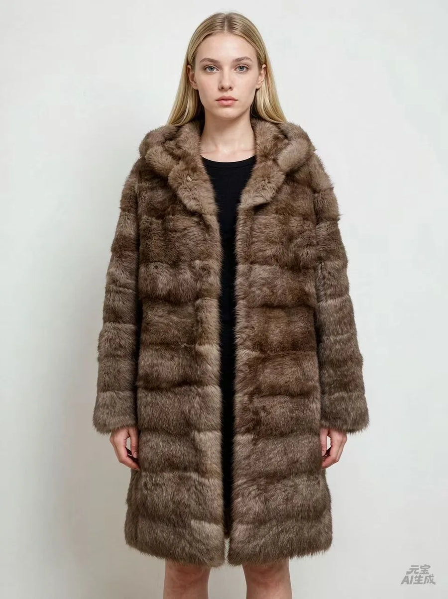 Women's soft fur-effect hooded coat
