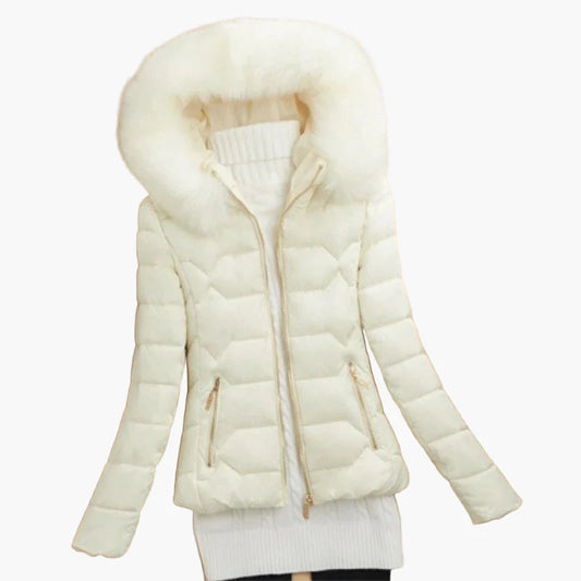 Elegant Women's Down Jacket with Wide Hood and Zipper Closure - Urban Winter Style